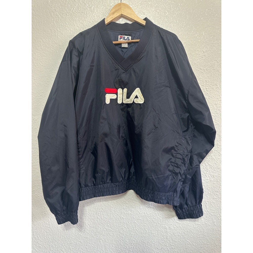 VTG FILA Men's Pullover Windbreaker Jacket V Neck Quarter Zip Navy Y2K